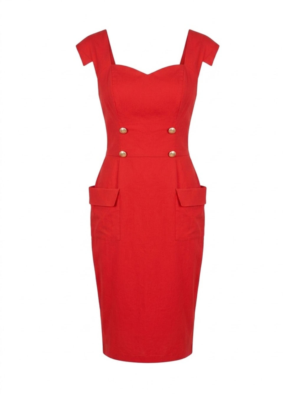 Unique Vintage Barbie Red Midi Sheath Dress with Gold Buttons